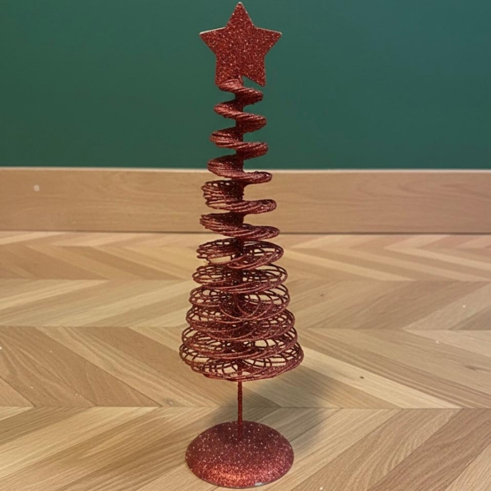 A SHIMMERING RED GLITTER SPIRAL CHRISTMAS TREE, APPROXIMATELY 9.5" TALL.